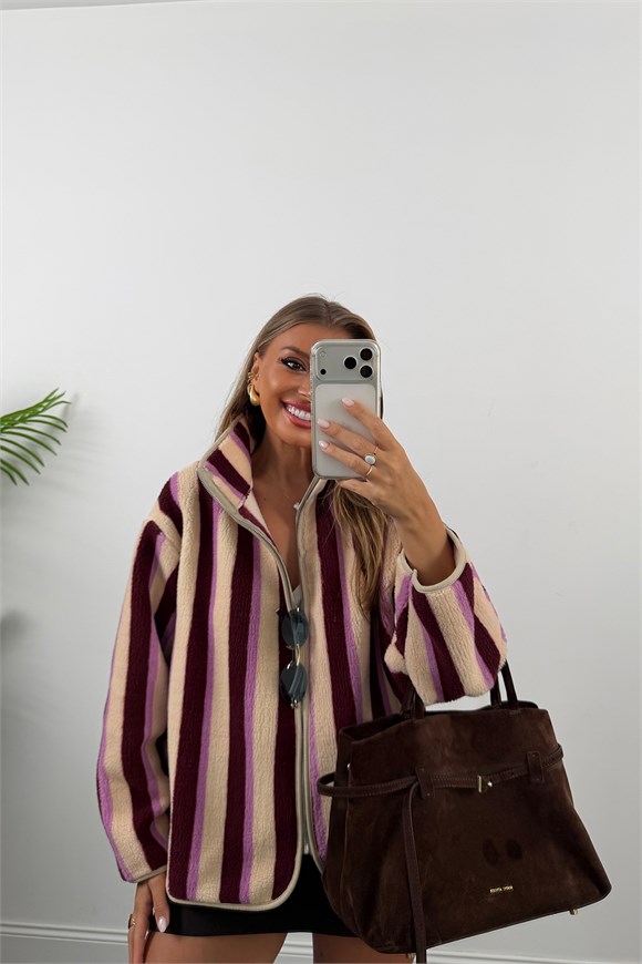 Oysh Model Polar Ceket Bordo Pembe Çizgili