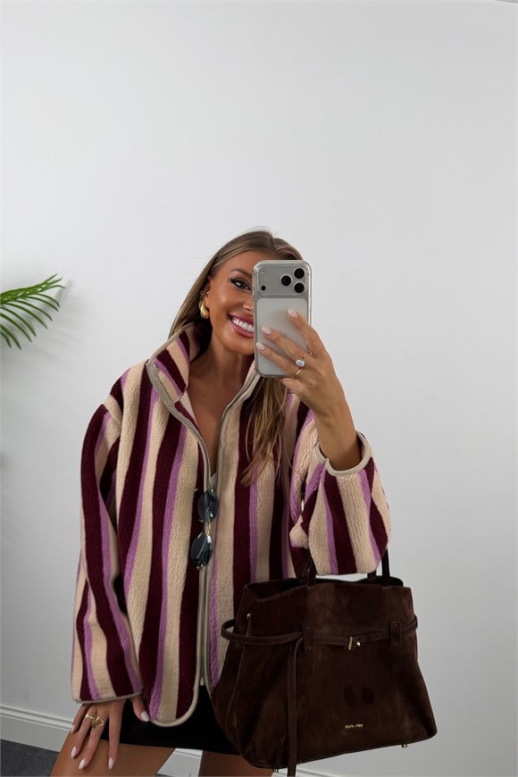 Oysh Model Polar Ceket Bordo Pembe Çizgili