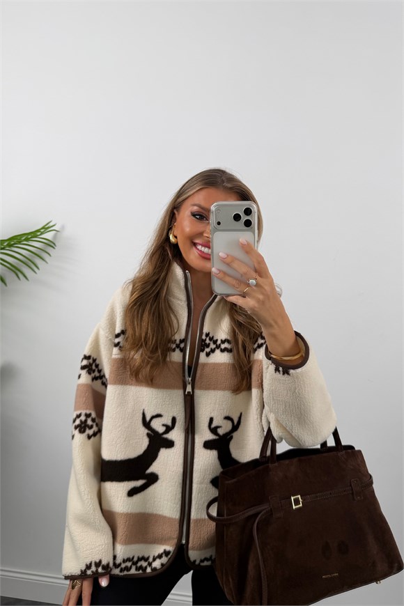 Oysh Model Polar Ceket Çift Geyikli Kahve Krem