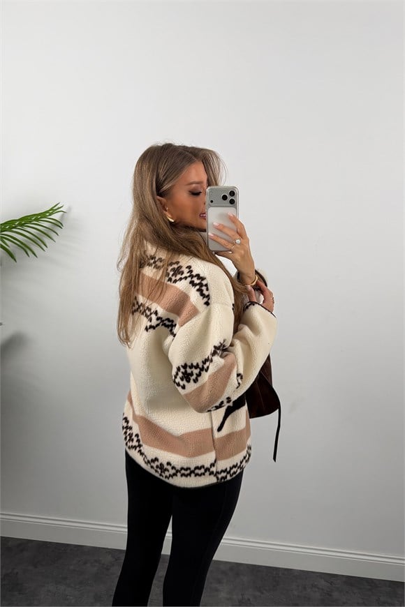 Oysh Model Polar Ceket Çift Geyikli Kahve Krem