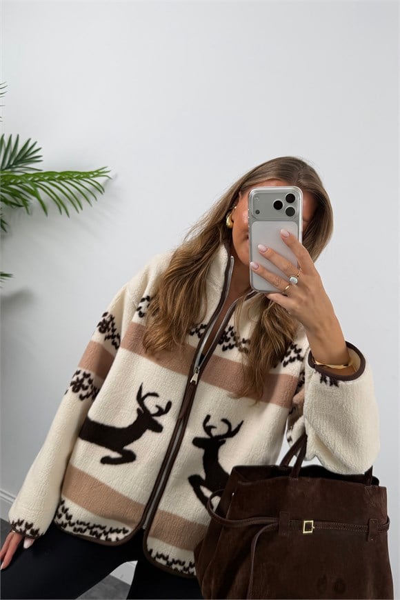 Oysh Model Polar Ceket Çift Geyikli Kahve Krem
