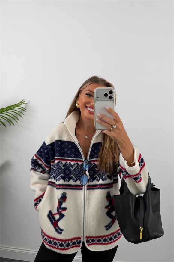 Oysh Model Polar Ceket Çift Kayakçı Lacivert Desenli
