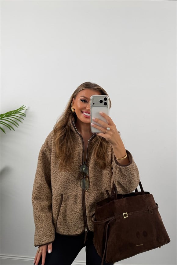 Oysh Model Polar Ceket Düz Renk Çim Çimli Kahve Biyeli Latte
