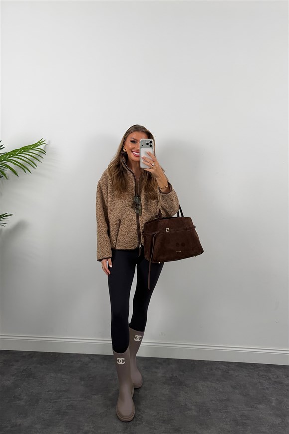 Oysh Model Polar Ceket Düz Renk Çim Çimli Kahve Biyeli Latte