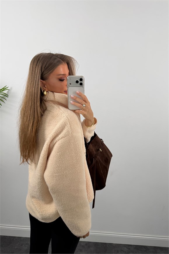 Oysh Model Polar Ceket Düz Renk Krem
