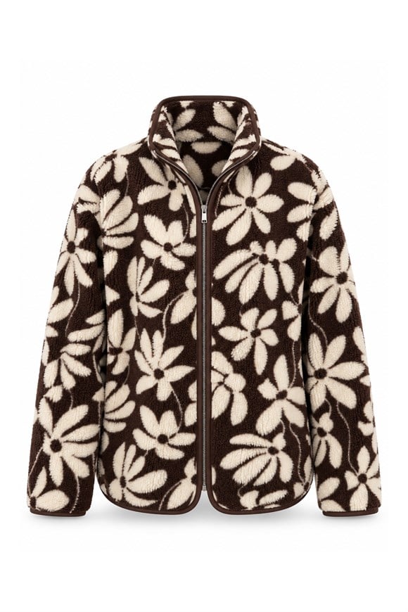 Oysh Model Polar Ceket Kahve Krem Çiçekli