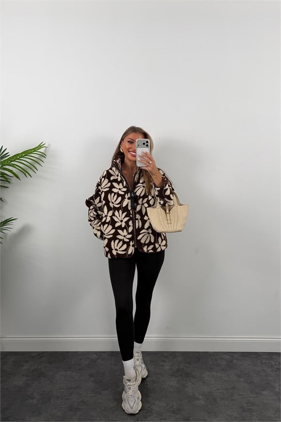Oysh Model Polar Ceket Kahve Krem Çiçekli