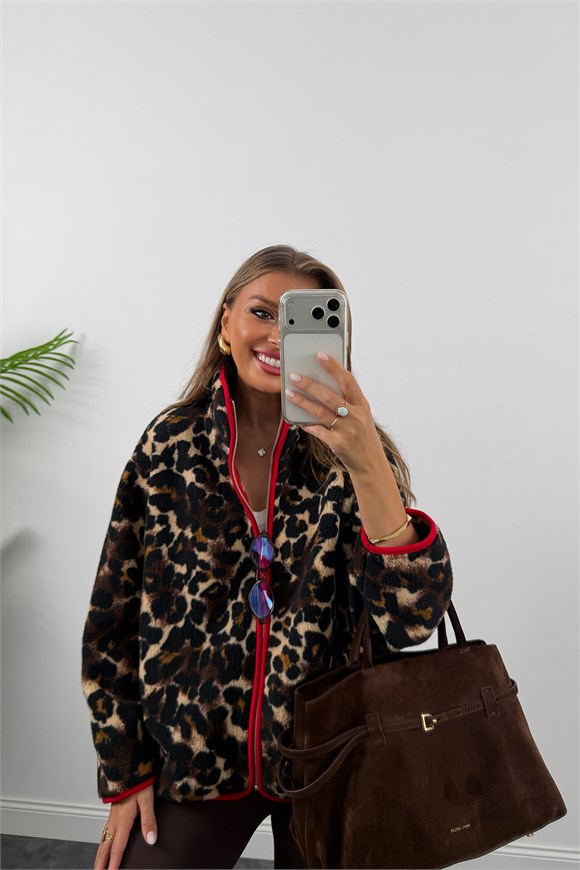 Oysh Model Polar Ceket Kırmızı Biyeli Kahve Leopar