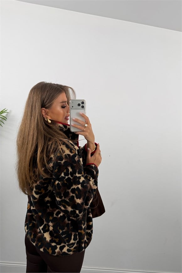 Oysh Model Polar Ceket Kırmızı Biyeli Kahve Leopar