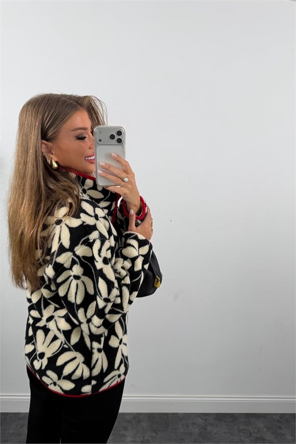Oysh Model Polar Ceket Kırmızı Biyeli Siyah Krem Çiçek