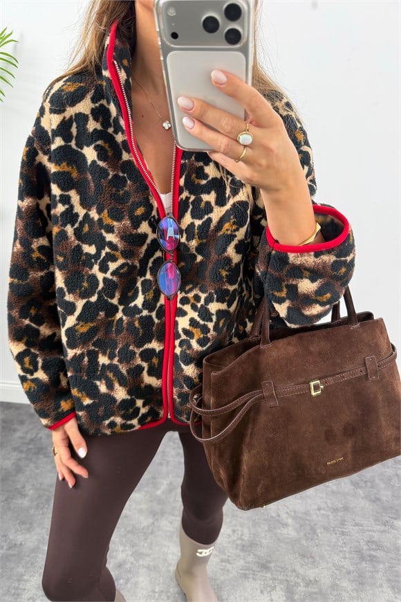 Oysh Model Polar Ceket Kırmızı Biyeli Kahve Leopar