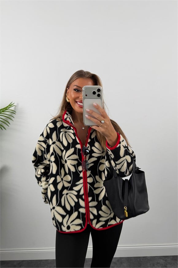 Oysh Model Polar Ceket Kırmızı Biyeli Siyah Krem Çiçek