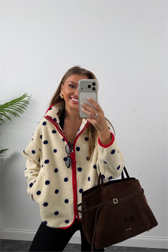 Oysh Model Polar Ceket Krem Lacivert Puantiye Kırmızı Biye