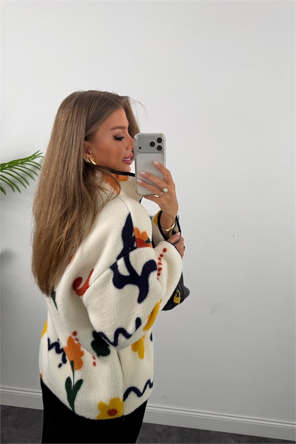 Oysh Model Polar Ceket Krem Renkli Çiçekli