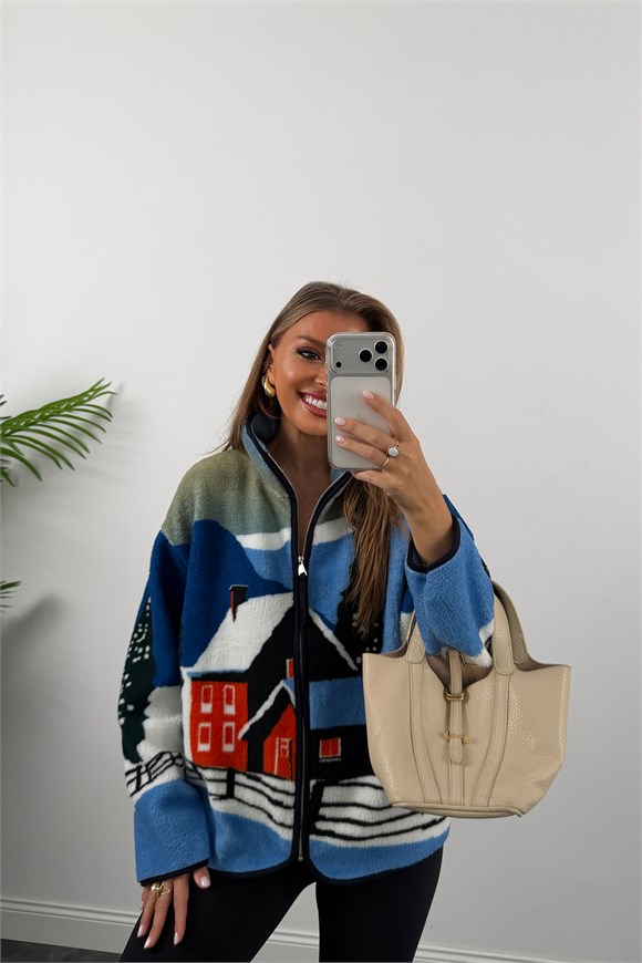 Oysh Model Polar Ceket Mavi Desenli Bizim Ev