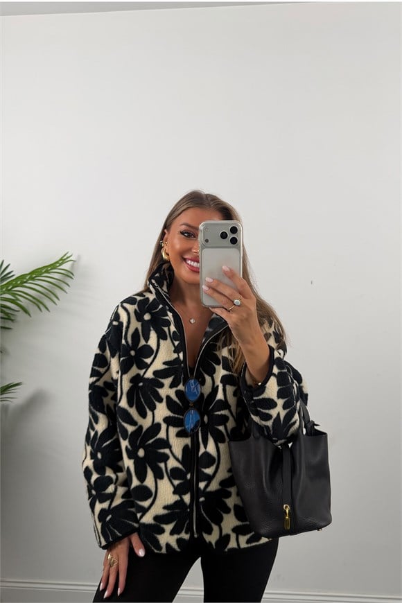 Oysh Model Polar Ceket Siyah Krem Çiçekli