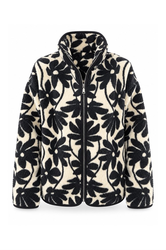 Oysh Model Polar Ceket Siyah Krem Çiçekli