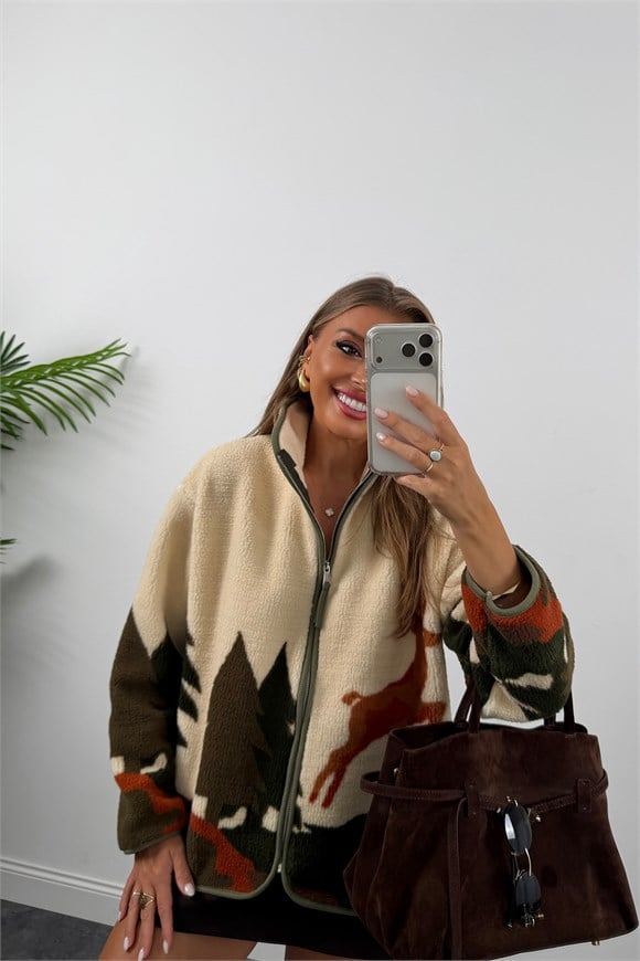 Oysh Model Polar Ceket Tek Geyikli Ağaçlı