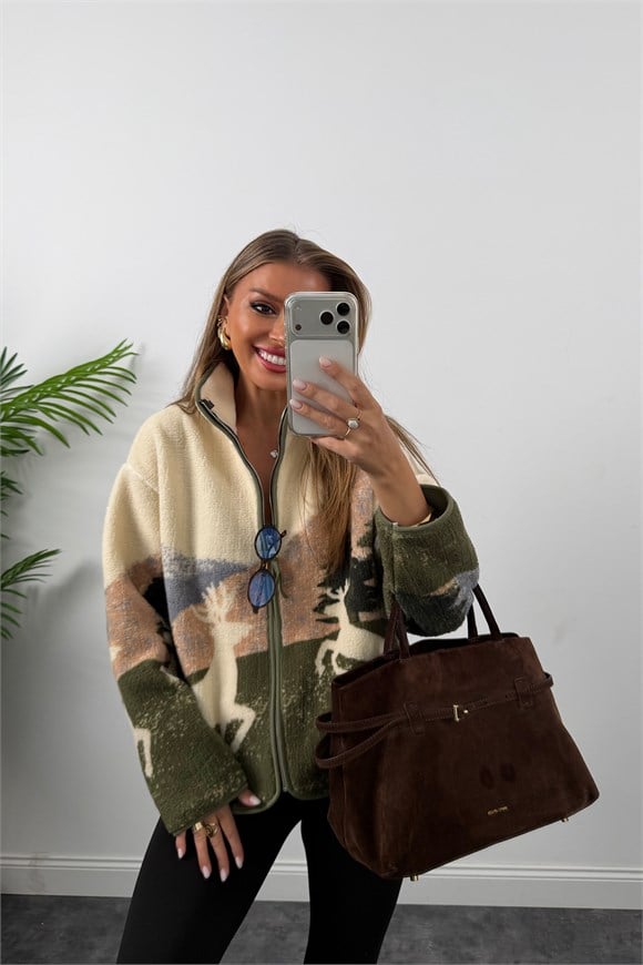 Oysh Model Polar Ceket Yeşil Krem Çift Geyikli