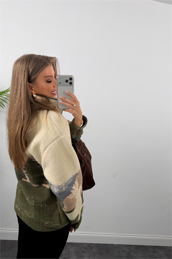 Oysh Model Polar Ceket Yeşil Krem Çift Geyikli