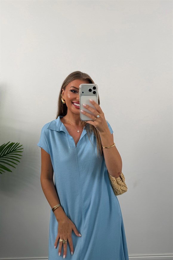 Oysh Pike Kumaş Polo Yaka Basic Salaş Elbise Mavi