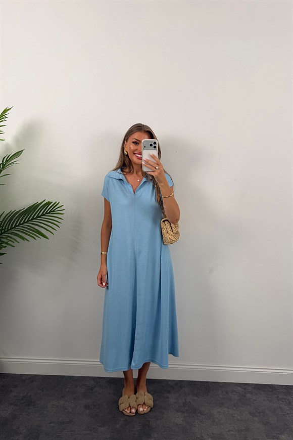 Oysh Pike Kumaş Polo Yaka Basic Salaş Elbise Mavi