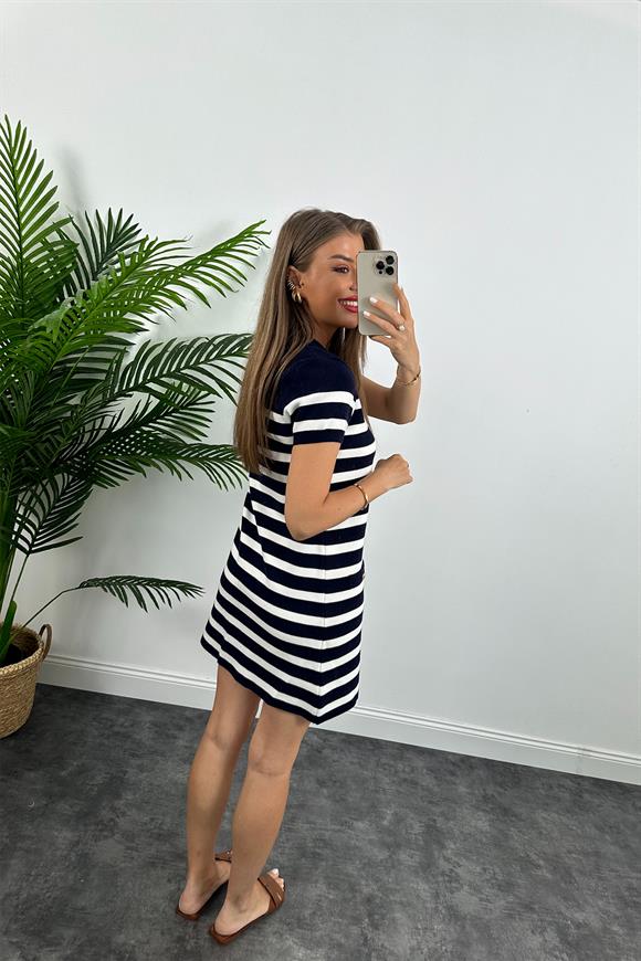 Özel Kaşmir Dokulu Çizgili Triko Elbise