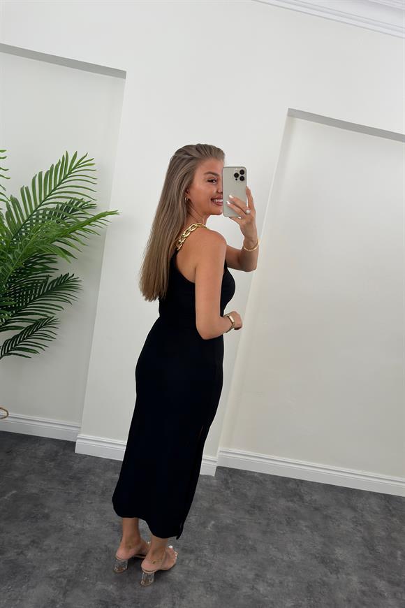 Özel Ottoman Seri Kumaş Tek Omuz Gold Zincir Detaylı Likralı Basic Elbise