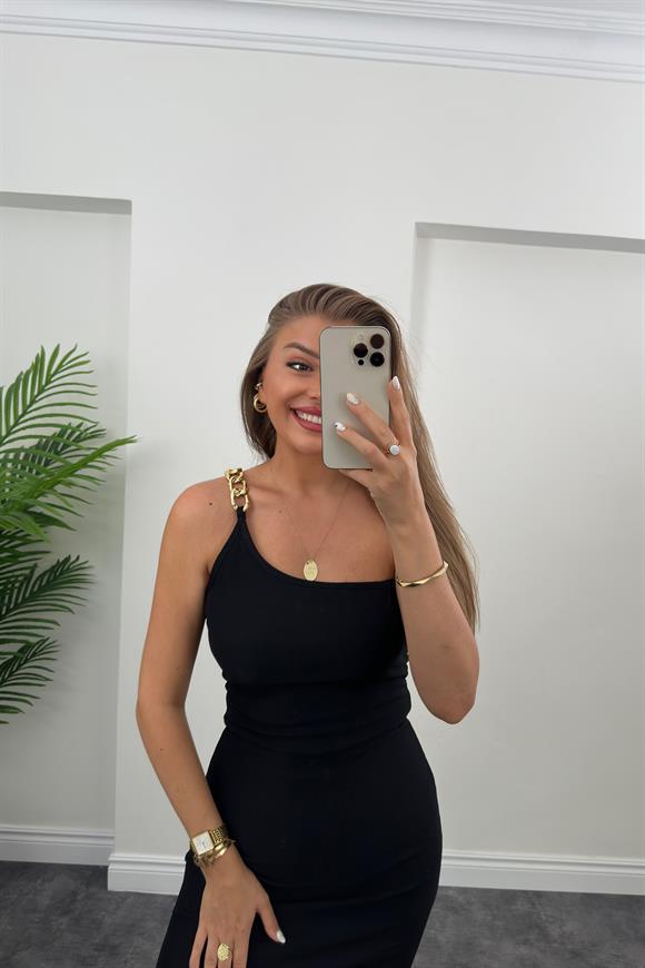 Özel Ottoman Seri Kumaş Tek Omuz Gold Zincir Detaylı Likralı Basic Elbise