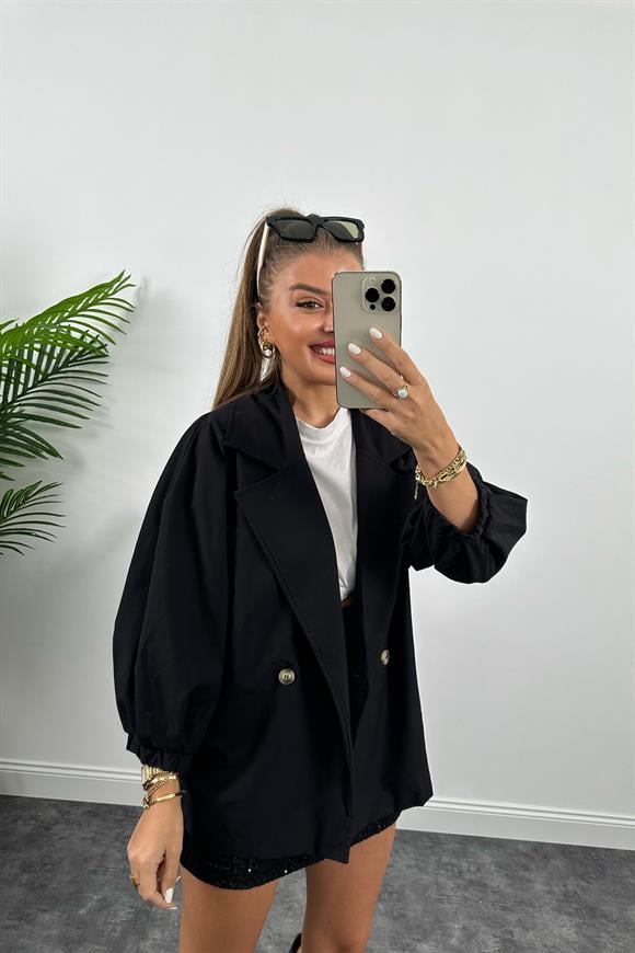 Özel Seri Balon Kol Trençkot Siyah
