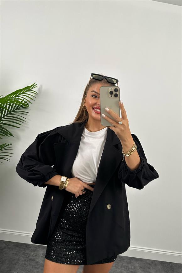 Özel Seri Balon Kol Trençkot Siyah