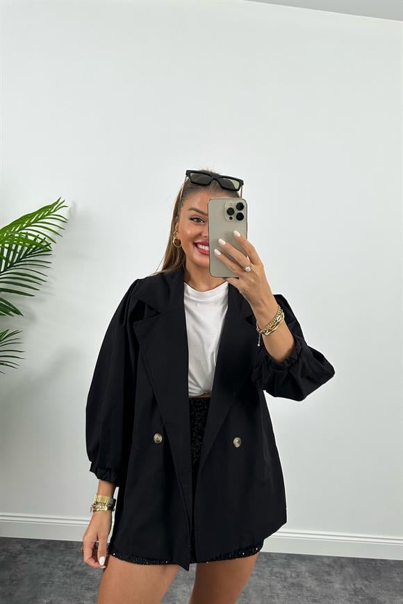 Özel Seri Balon Kol Trençkot Siyah