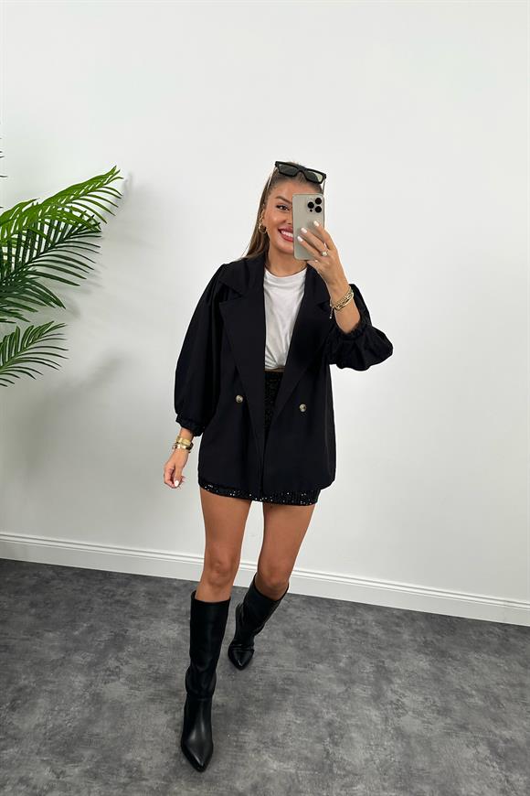 Özel Seri Balon Kol Trençkot Siyah