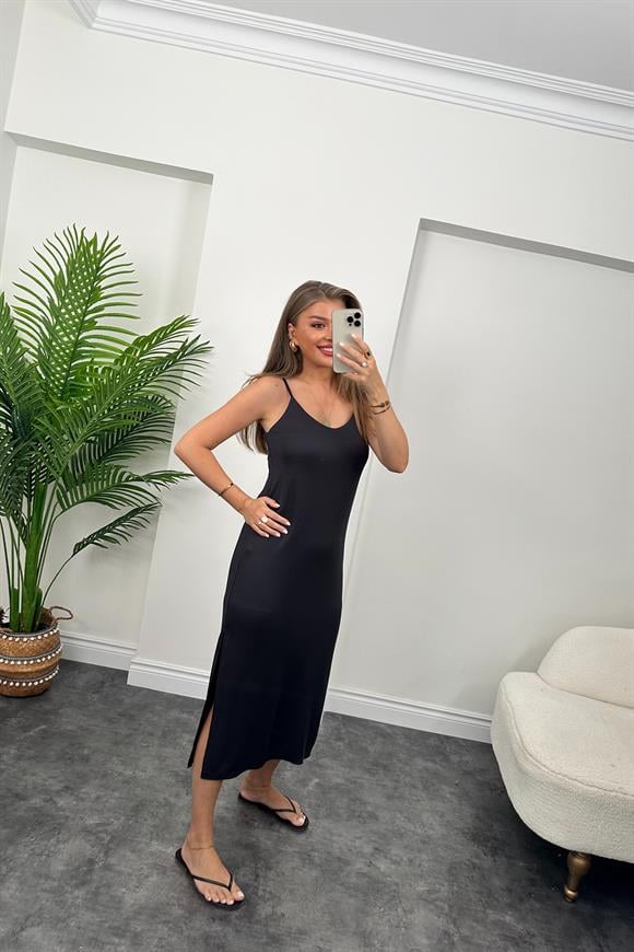 Özel Seri Dokuma Oysh Kumaş Midi Boy Yırtmaçlı Basic Elbise