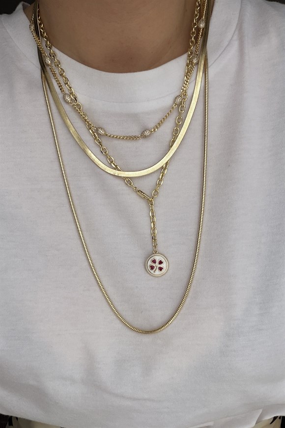 Özel Seri Marka Model Ortası Mineli Yonca Detaylı Kolye