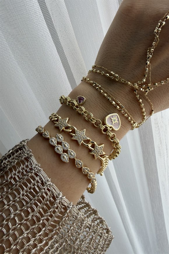 Özel Seri Marka Model Zirkon Taş Pembe Kalp ve Mineli Kalp Charmlı Bileklik