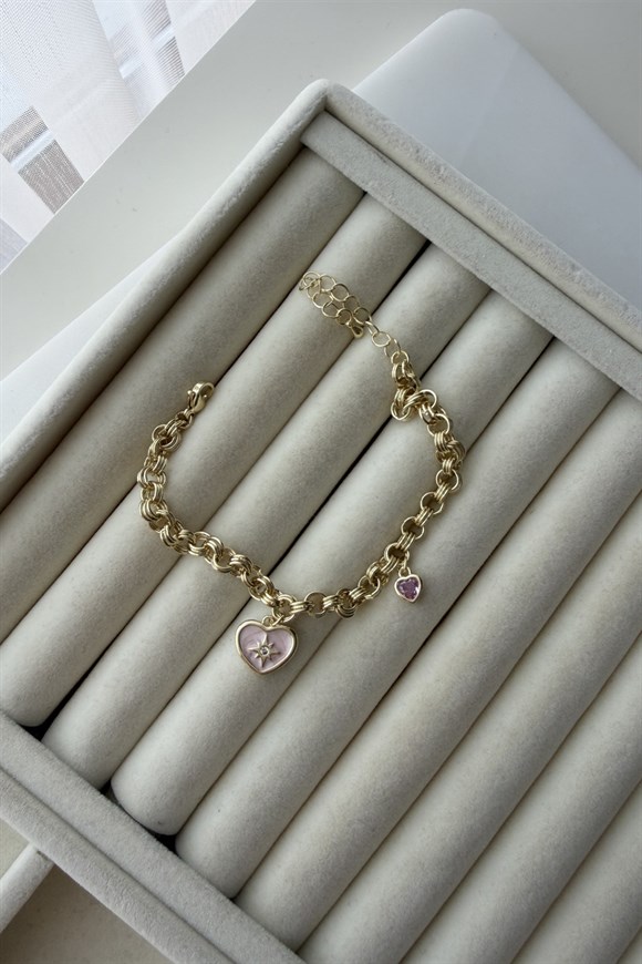 Özel Seri Marka Model Zirkon Taş Pembe Kalp ve Mineli Kalp Charmlı Bileklik