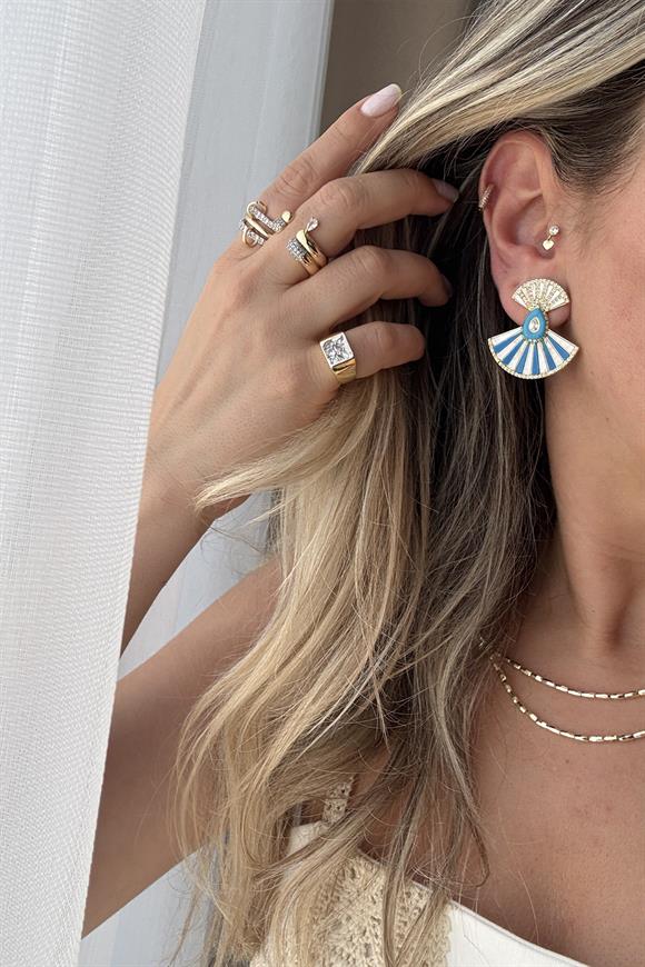 Özel Seri Mavi Mineli Yelpaze Küpe