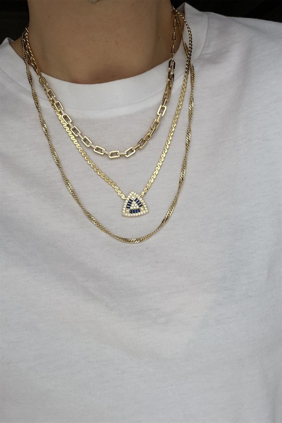 Özel Seri Mavi Taş Detaylı Üçgen Model Kolye