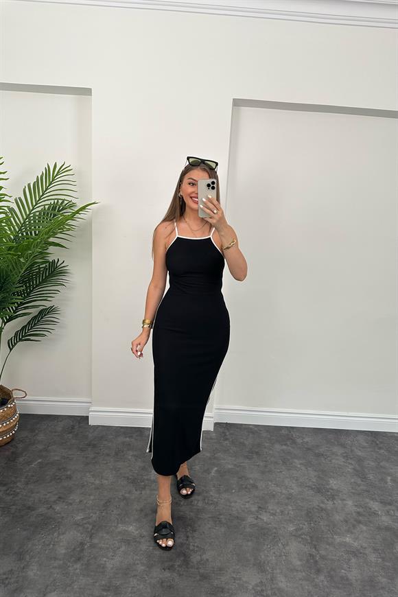 Özel Seri Ottoman Kumaş Biyeli İp Askılı Maxi Elbise