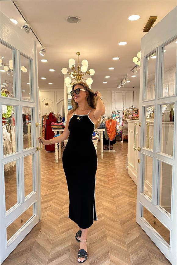 Özel Seri Ottoman Kumaş Biyeli İp Askılı Maxi Elbise