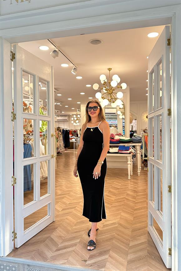 Özel Seri Ottoman Kumaş Biyeli İp Askılı Maxi Elbise