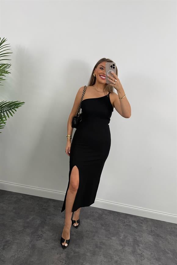 Özel Seri Ottoman Kumaş İp Askılı Tek Omuz Asimetrik Likralı Elbise 