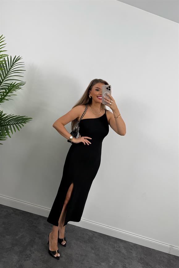 Özel Seri Ottoman Kumaş İp Askılı Tek Omuz Asimetrik Likralı Elbise 