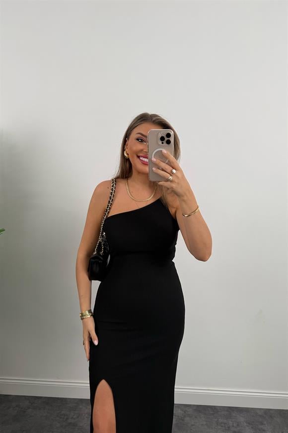 Özel Seri Ottoman Kumaş İp Askılı Tek Omuz Asimetrik Likralı Elbise 