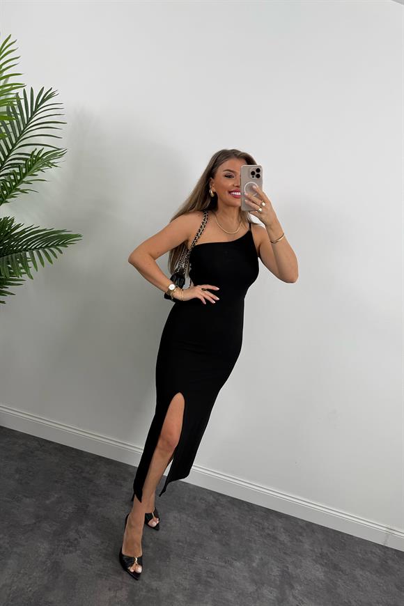 Özel Seri Ottoman Kumaş İp Askılı Tek Omuz Asimetrik Likralı Elbise 