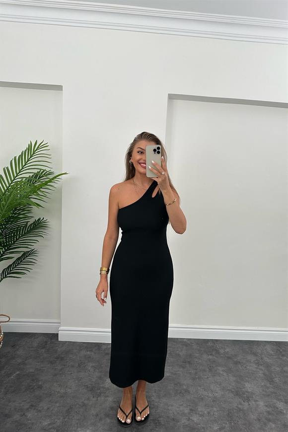 Özel Seri Ottoman Kumaş Tek Omuz Damla Model Arkası Yırtmaçlı Likralı Elbise 