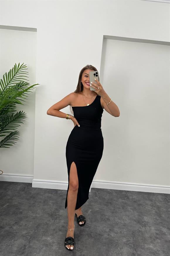 Özel Seri Ottoman Kumaş Tek Omuz  Likralı Maxi Elbise Siyah 