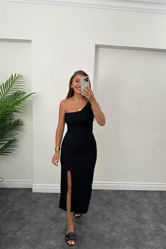 Özel Seri Ottoman Kumaş Tek Omuz  Likralı Maxi Elbise Siyah 