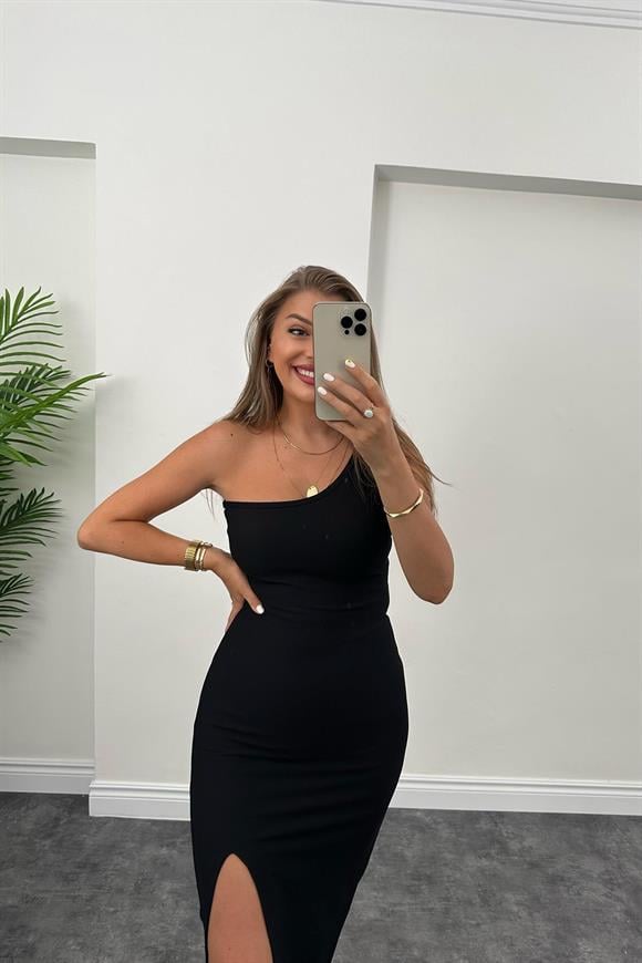 Özel Seri Ottoman Kumaş Tek Omuz  Likralı Maxi Elbise Siyah 